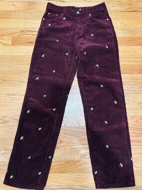 Forever 21 Corduroy Burgundy Pants Mushroom Toadstool Embroidered XS